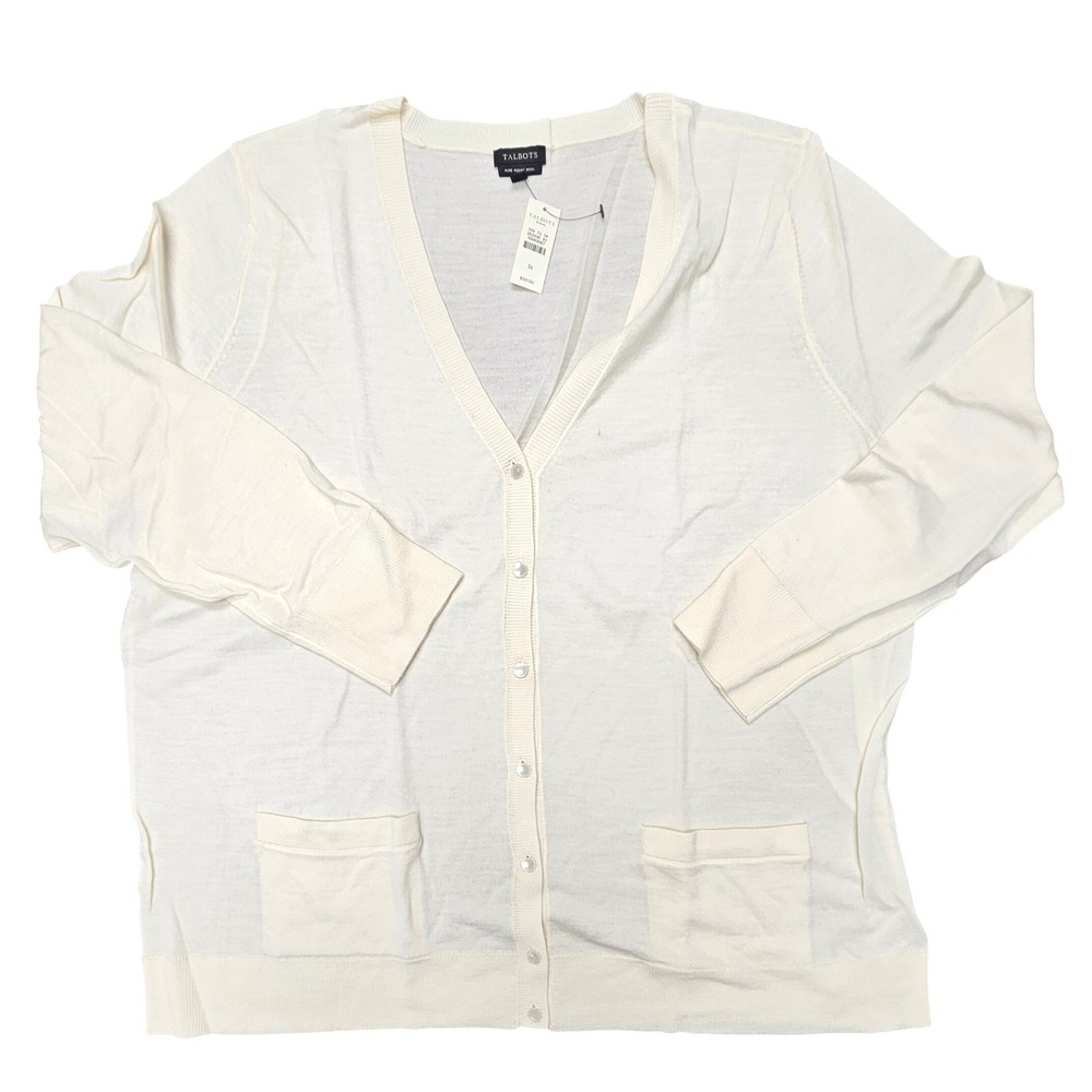 Talbots Cardigan Woman 3X Ivory Merino Wool V-Neck Pockets Lightweight Neutral